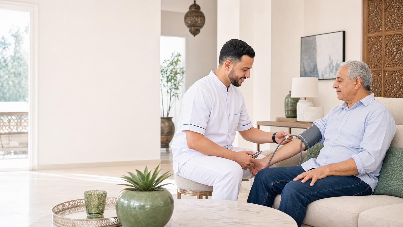 Infirmier à domicile réalisant un soin chez un patient